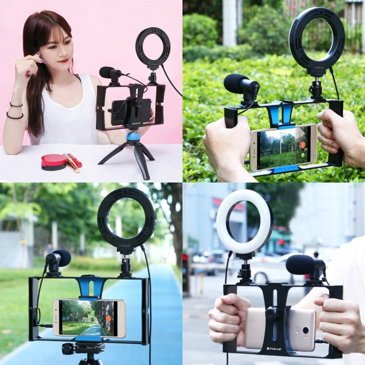 PULUZ 4 in 1 Vlogging Live Broadcast Smartphone Video Rig + 4.7 inch 12cm Ring LED Selfie Light Kits with Microphone + Tripod Mount + Cold Shoe Tripod Head for iPhone, Galaxy, Huawei, Xiaomi, HTC, LG, Google, and Other Smartphones(Blue) - Camera Cage by PULUZ | Online Shopping UK | buy2fix