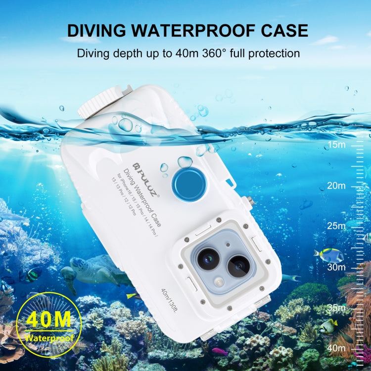 PULUZ 40m/130ft Waterproof Diving Case for iPhone 16 / 15 / 15 Pro / 14 / 14 Pro / 13 / 13 Pro / 12 / 12 Pro, with One-way Valve Photo Video Taking Underwater Housing Cover(White) - iPhone 14 Cases by PULUZ | Online Shopping UK | buy2fix