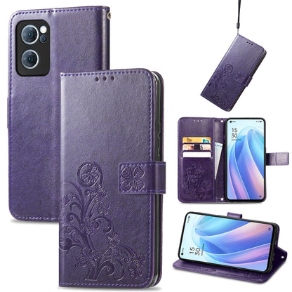 For OPPO Reno7 5G Four-leaf Clasp Embossed Buckle Leather Phone Case(Purple) - OPPO Cases by buy2fix | Online Shopping UK | buy2fix