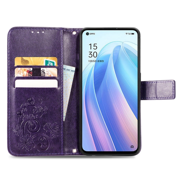 For OPPO Reno7 5G Four-leaf Clasp Embossed Buckle Leather Phone Case(Purple) - OPPO Cases by buy2fix | Online Shopping UK | buy2fix