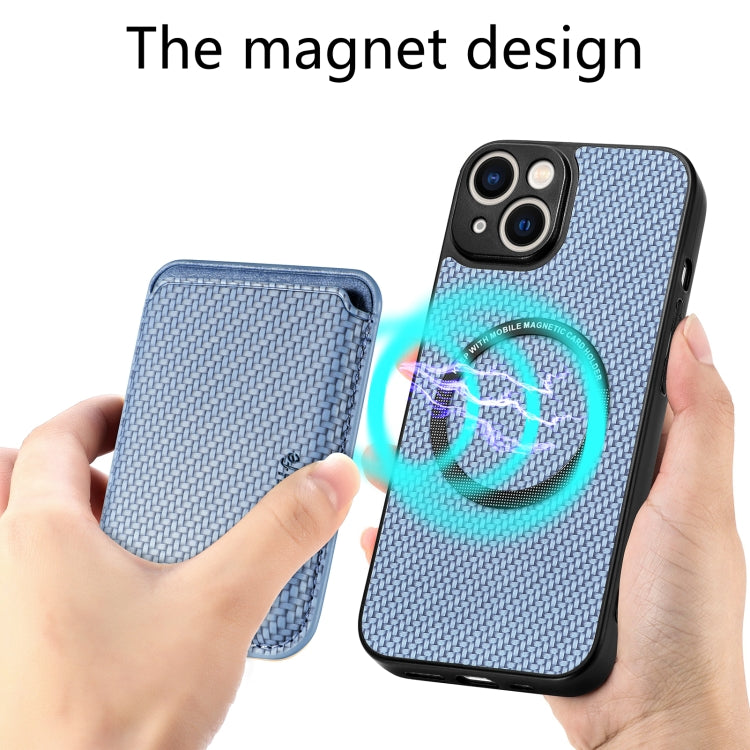 For iPhone 14 Plus Carbon Fiber Leather Card Magsafe Magnetic Phone Case(Blue) - iPhone 14 Plus Cases by buy2fix | Online Shopping UK | buy2fix