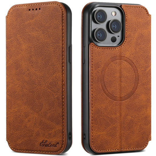 For iPhone 13 Pro Max Suteni J06 Retro Matte Litchi Texture Leather Magnetic Magsafe Phone Case(Khaki) - iPhone 13 Pro Max Cases by Suteni | Online Shopping UK | buy2fix