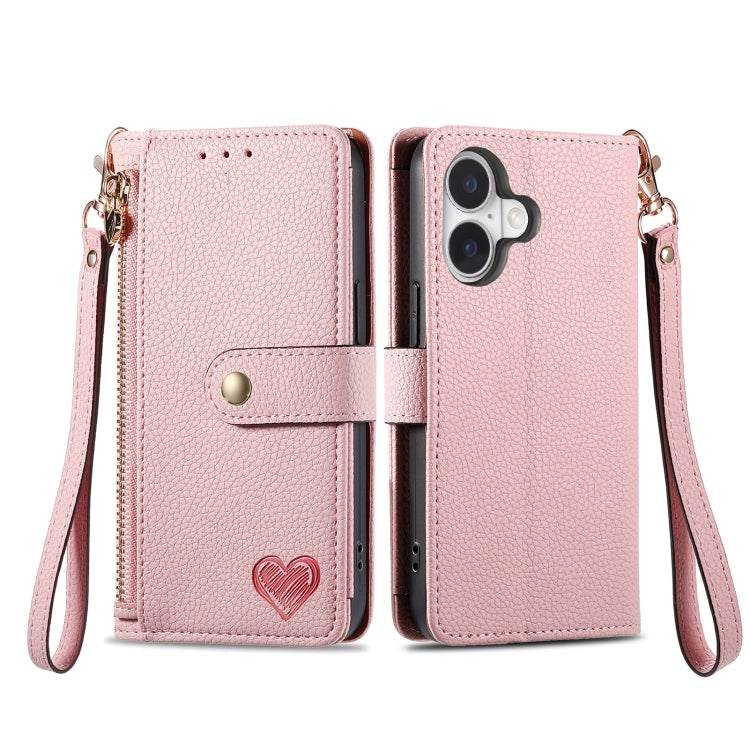 For iPhone 16 Pro Love Zipper Lanyard Leather Phone Case(Pink) - iPhone 16 Pro Cases by buy2fix | Online Shopping UK | buy2fix