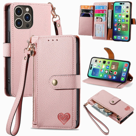 For iPhone 16 Pro Max Love Zipper Lanyard Leather Phone Case(Pink) - iPhone 16 Pro Max Cases by buy2fix | Online Shopping UK | buy2fix