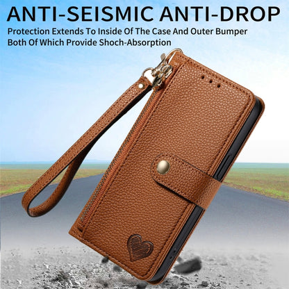 For iPhone 16 Pro Max Love Zipper Lanyard Leather Phone Case(Brown) - iPhone 16 Pro Max Cases by buy2fix | Online Shopping UK | buy2fix