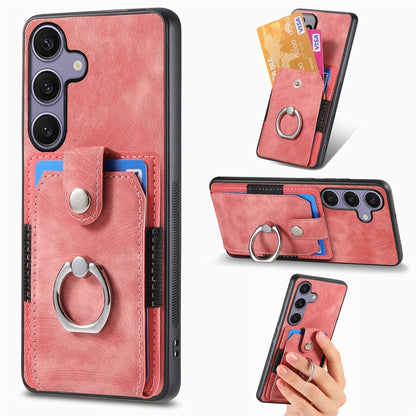 For Samsung Galaxy S25+ 5G Retro Skin-feel Ring Card Wallet Phone Case(Pink) - Galaxy S25+ 5G Cases by buy2fix | Online Shopping UK | buy2fix