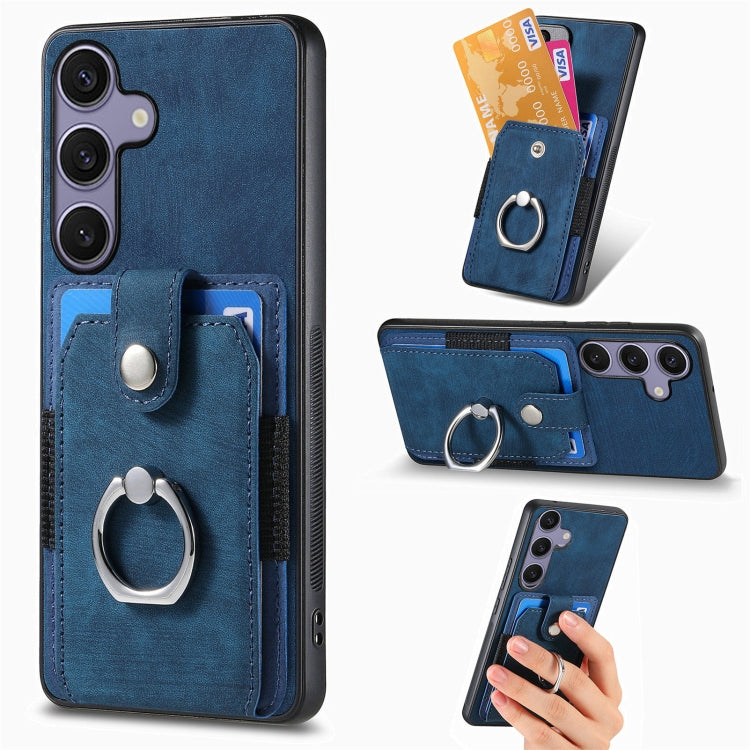 For Samsung Galaxy S25+ 5G Retro Skin-feel Ring Card Wallet Phone Case(Blue) - Galaxy S25+ 5G Cases by buy2fix | Online Shopping UK | buy2fix