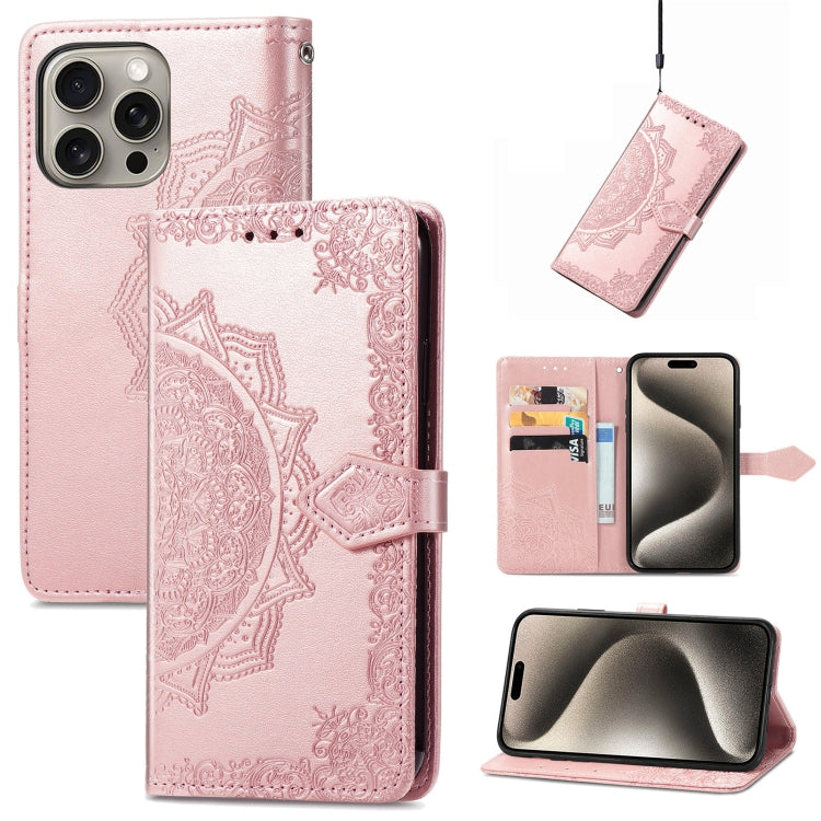 For iPhone 16 Pro Mandala Flower Embossed Leather Phone Case(Rose Gold) - iPhone 16 Pro Cases by buy2fix | Online Shopping UK | buy2fix