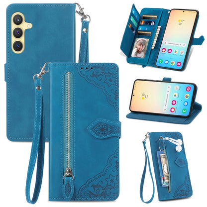 For Samsung Galaxy S24+ 5G Embossed Flower Zipper Leather Phone Case(Blue) - Galaxy S24+ 5G Cases by buy2fix | Online Shopping UK | buy2fix