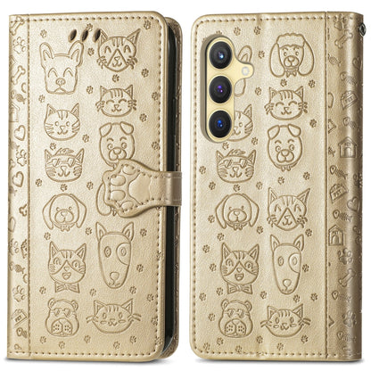 For Samsung Galaxy S25 Ultra 5G Cat and Dog Embossed Leather Phone Case(Gold) - Galaxy S25 Ultra 5G Cases by buy2fix | Online Shopping UK | buy2fix