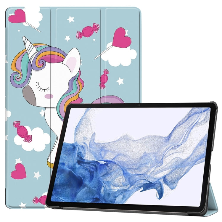 For Samsung Galaxy Tab S9 JUNSUNMAY Custer Painted 3-Fold Stand Leather Smart Tablet Case(Unicorn) - Galaxy Tab S9 Cases by JUNSUNMAY | Online Shopping UK | buy2fix