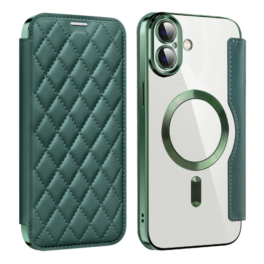 For iPhone 16 Shield Magsafe RFID Anti-theft Rhombus Leather Phone Case(Green) - iPhone 16 Cases by buy2fix | Online Shopping UK | buy2fix