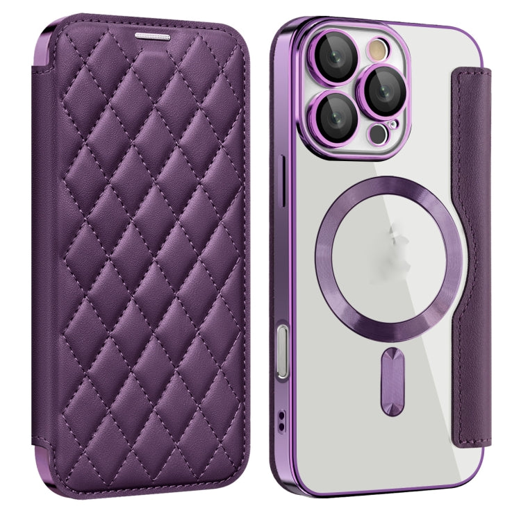 For iPhone 16 Pro Shield Magsafe RFID Anti-theft Rhombus Leather Phone Case(Purple) - iPhone 16 Pro Cases by buy2fix | Online Shopping UK | buy2fix