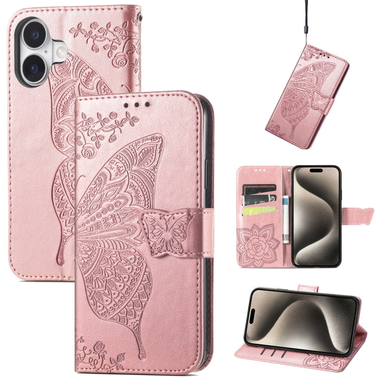 For iPhone 16 Butterfly Love Flower Embossed Leather Phone Case(Rose Gold) - iPhone 16 Cases by buy2fix | Online Shopping UK | buy2fix