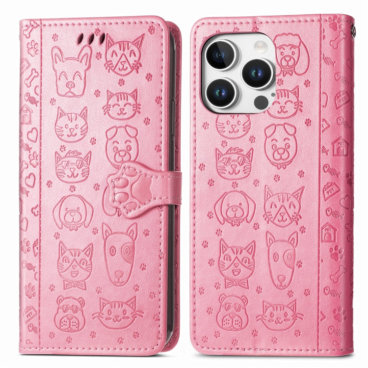 For iPhone 16 Pro Cat and Dog Embossed Leather Phone Case(Pink) - iPhone 16 Pro Cases by buy2fix | Online Shopping UK | buy2fix