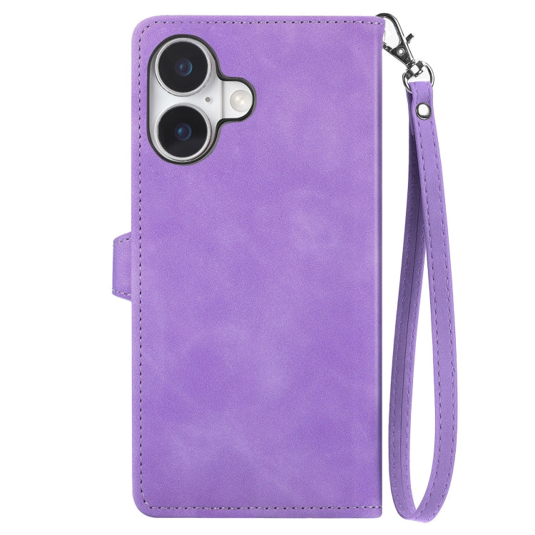 For iPhone 16 Embossed Flower Zipper Leather Phone Case(Purple) - iPhone 16 Cases by buy2fix | Online Shopping UK | buy2fix