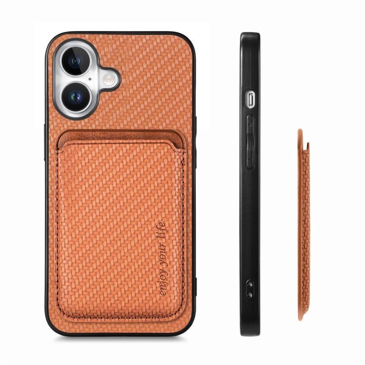 For iPhone 16 Carbon Fiber Leather Card Magsafe Phone Case(Brown) - iPhone 16 Cases by buy2fix | Online Shopping UK | buy2fix