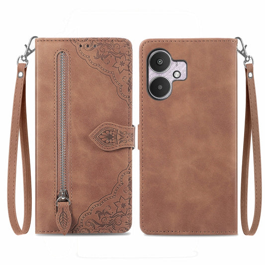 For Xiaomi Redmi 13C 5G Embossed Flower Zipper Leather Phone Case(Brown) - 13C Cases by buy2fix | Online Shopping UK | buy2fix