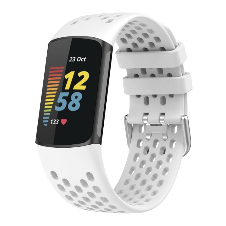 For Fitbit Charge 5 Solid Color Breathable Sports Silicone Watch Band(White) - Watch Bands by buy2fix | Online Shopping UK | buy2fix