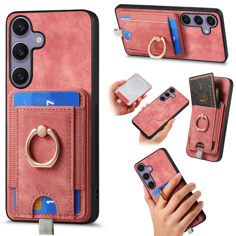 For Samsung Galaxy S25+ 5G Retro Splitable Magnetic Card Bag Leather Phone Case(Pink) - Galaxy Phone Cases by buy2fix | Online Shopping UK | buy2fix