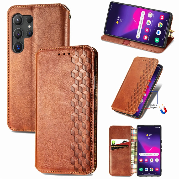 For Samsung Galaxy S25 Ultra 5G Cubic Grid Pressed Magnetic Leather Phone Case(Brown) - Galaxy S25 Ultra 5G Cases by buy2fix | Online Shopping UK | buy2fix