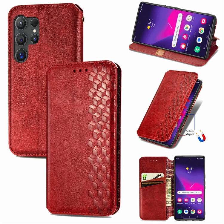 For Samsung Galaxy S25 Ultra 5G Cubic Grid Pressed Magnetic Leather Phone Case(Red) - Galaxy S25 Ultra 5G Cases by buy2fix | Online Shopping UK | buy2fix