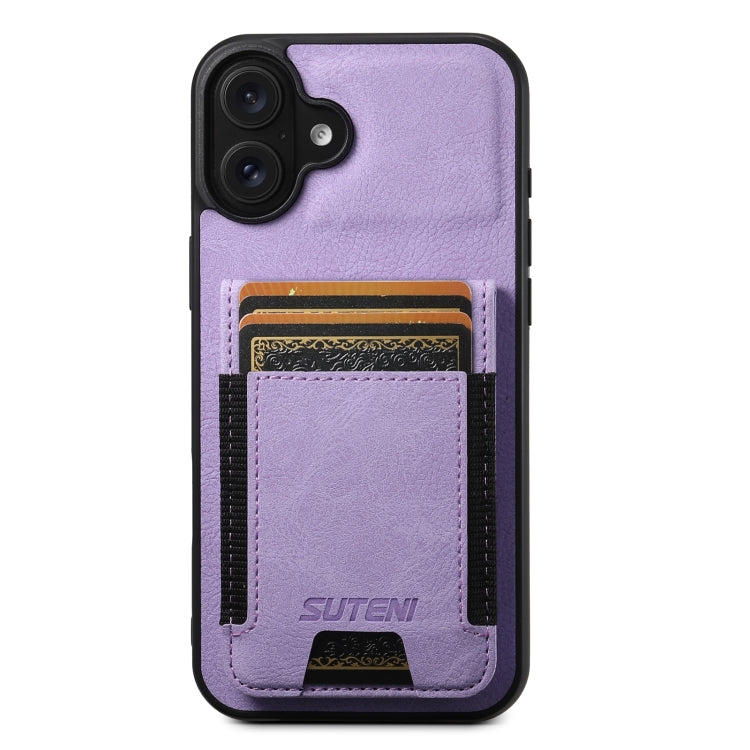 For iPhone 16 Suteni H03 Litchi Leather Card Bag Stand Back Phone Case(Purple) - iPhone 16 Cases by Suteni | Online Shopping UK | buy2fix