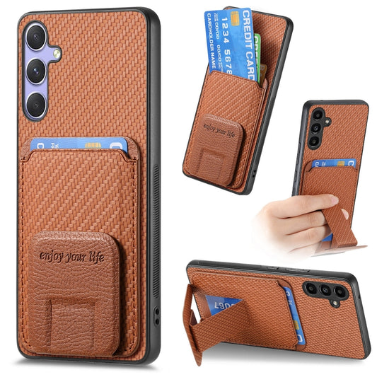 For Samsung Galaxy S25 Ultra 5G Carbon Fiber Card Bag Fold Stand Phone Case(Brown) - Galaxy S25 Ultra 5G Cases by buy2fix | Online Shopping UK | buy2fix