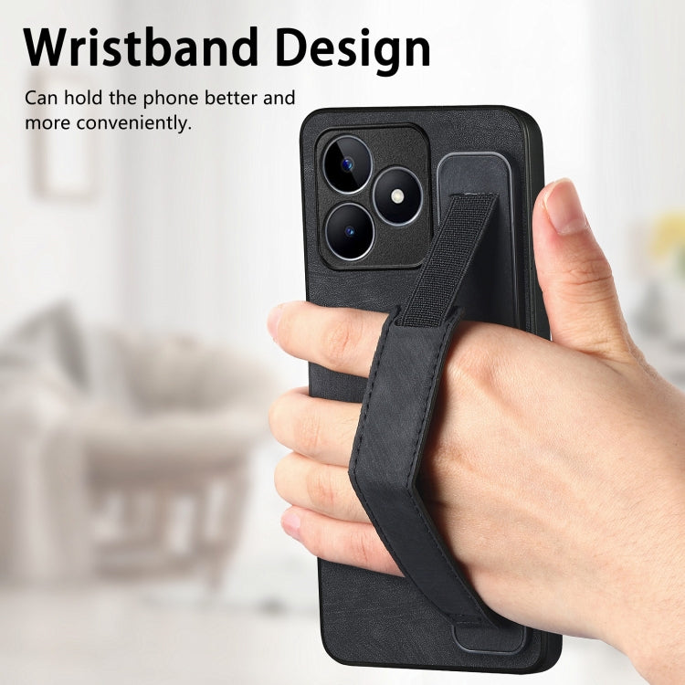 For Realme C53 Retro Wristband Holder Leather Back Phone Case(Black) - Realme Cases by buy2fix | Online Shopping UK | buy2fix