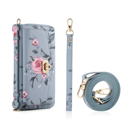 For iPhone 15 MagSafe Flower Multi-functional Crossbody Zipper Wallet Leather Phone Case(Blue) - iPhone 15 Cases by buy2fix | Online Shopping UK | buy2fix