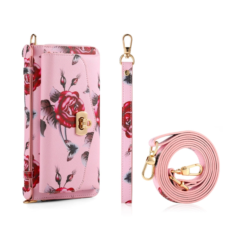 For iPhone 13 MagSafe Flower Multi-functional Crossbody Zipper Wallet Leather Phone Case(Pink) - iPhone 13 Cases by buy2fix | Online Shopping UK | buy2fix