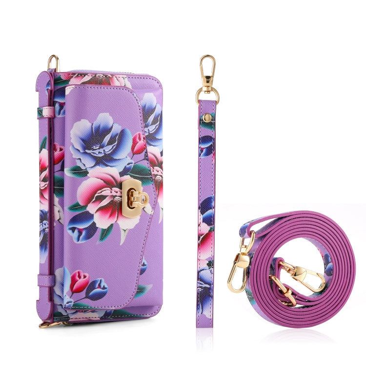 For iPhone 12 Pro Max MagSafe Flower Multi-functional Crossbody Zipper Wallet Leather Phone Case(Purple) - iPhone 12 Pro Max Cases by buy2fix | Online Shopping UK | buy2fix