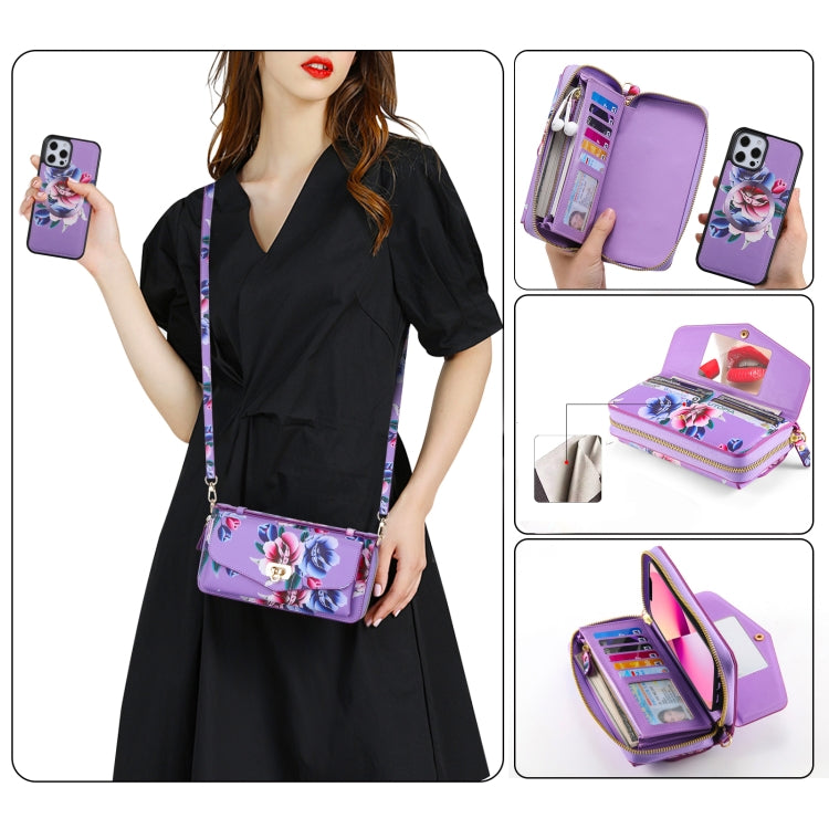 For iPhone 12 Pro Max MagSafe Flower Multi-functional Crossbody Zipper Wallet Leather Phone Case(Purple) - iPhone 12 Pro Max Cases by buy2fix | Online Shopping UK | buy2fix