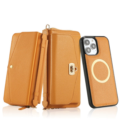 For iPhone 13 Pro Max MagSafe Crossbody Multi-functional Zipper Wallet Litchi Leather Phone Case(Orange) - More iPhone Cases by buy2fix | Online Shopping UK | buy2fix