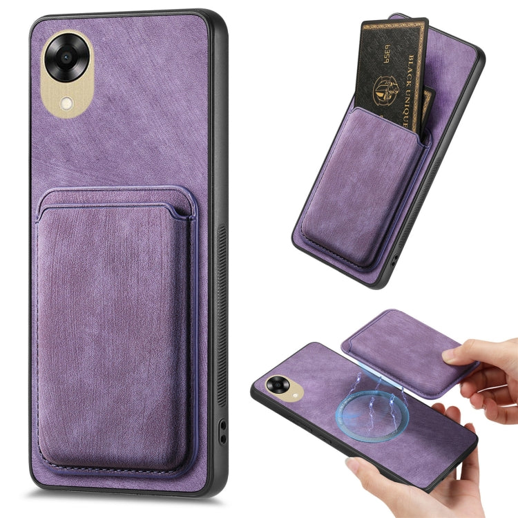 For OPPO A17K Retro Leather Card Bag Magnetic Phone Case(Purple) - OPPO Cases by buy2fix | Online Shopping UK | buy2fix