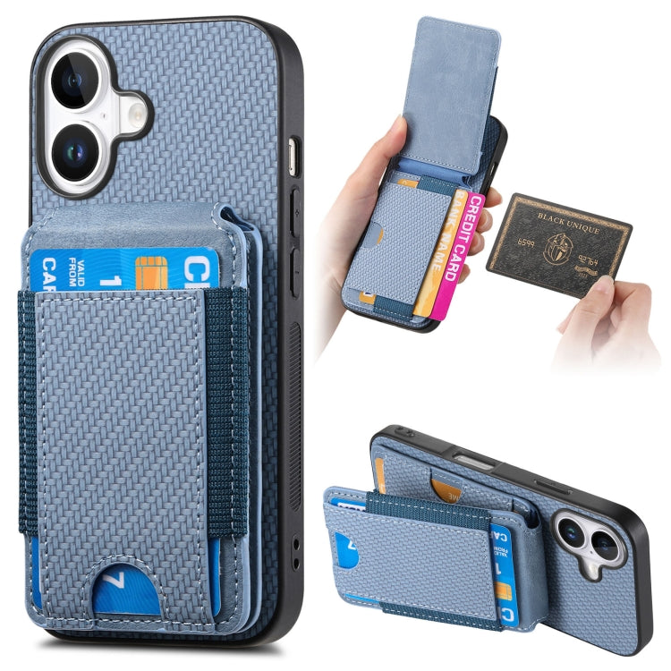 For iPhone 16 Plus Carbon Fiber Vertical Flip Wallet Stand Phone Case(Blue) - iPhone 16 Plus Cases by buy2fix | Online Shopping UK | buy2fix