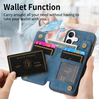 For iPhone 16 Retro Leather Zipper Wallet Back Phone Case(Blue) - More iPhone Cases by buy2fix | Online Shopping UK | buy2fix