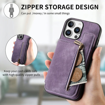 For iPhone 16 Pro Max Retro Leather Zipper Wallet Back Phone Case(Purple) - More iPhone Cases by buy2fix | Online Shopping UK | buy2fix