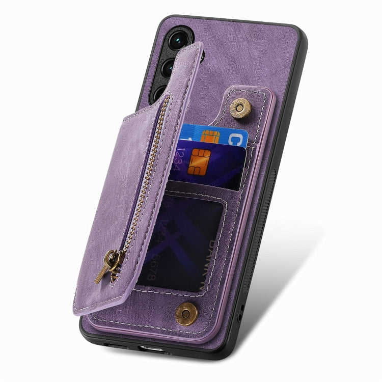 For Samsung Galaxy S25 5G Retro Leather Zipper Wallet Back Phone Case(Purple) - Galaxy S25 5G Cases by buy2fix | Online Shopping UK | buy2fix