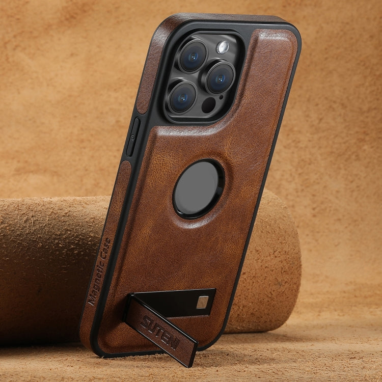 For iPhone 15 Pro Suteni G2 Magsafe Oil Wax Leather Back Phone Case with Holder(Brown) - iPhone 15 Pro Cases by Suteni | Online Shopping UK | buy2fix