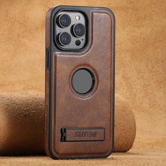 For iPhone 14 Pro Max Suteni G2 Magsafe Oil Wax Leather Back Phone Case with Holder(Brown) - iPhone 14 Pro Max Cases by Suteni | Online Shopping UK | buy2fix