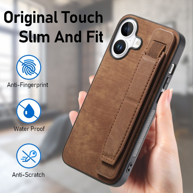 For iPhone 16 Retro Wristband Holder Leather Back Phone Case(Brown) - iPhone 16 Cases by buy2fix | Online Shopping UK | buy2fix