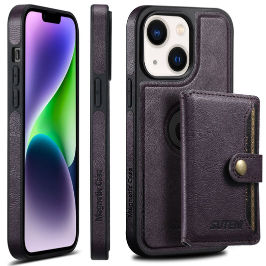 For iPhone 14 Plus Suteni M1 Oil Wax MagSafe Detachable Horizontal Card Bag Phone Case(Purple) - iPhone 14 Plus Cases by Suteni | Online Shopping UK | buy2fix