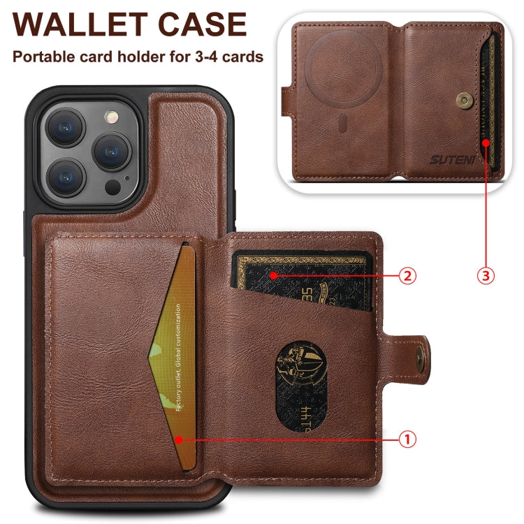 For iPhone 16 Suteni M1 Oil Wax MagSafe Detachable Horizontal Card Bag Phone Case(Brown) - iPhone 16 Cases by Suteni | Online Shopping UK | buy2fix