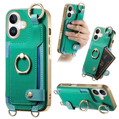 For iPhone 16 Fashion Ring Card Bag Phone Case with Hang Loop(Green) - iPhone 16 Cases by buy2fix | Online Shopping UK | buy2fix