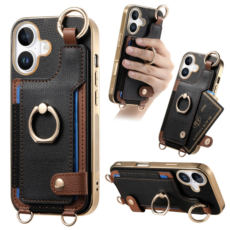 For iPhone 16 Plus Fashion Ring Card Bag Phone Case with Hang Loop(Black) - iPhone 16 Plus Cases by buy2fix | Online Shopping UK | buy2fix