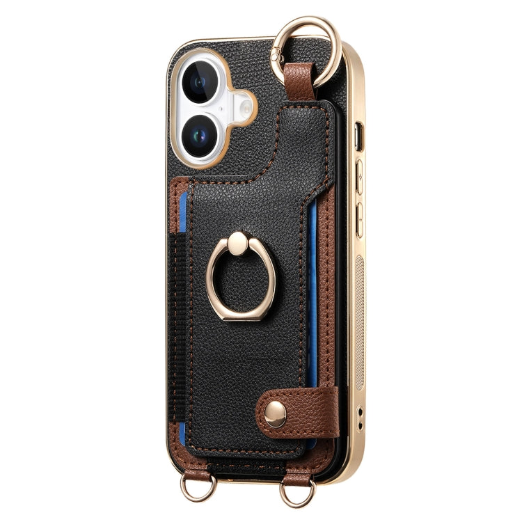 For iPhone 16 Plus Fashion Ring Card Bag Phone Case with Hang Loop(Black) - iPhone 16 Plus Cases by buy2fix | Online Shopping UK | buy2fix