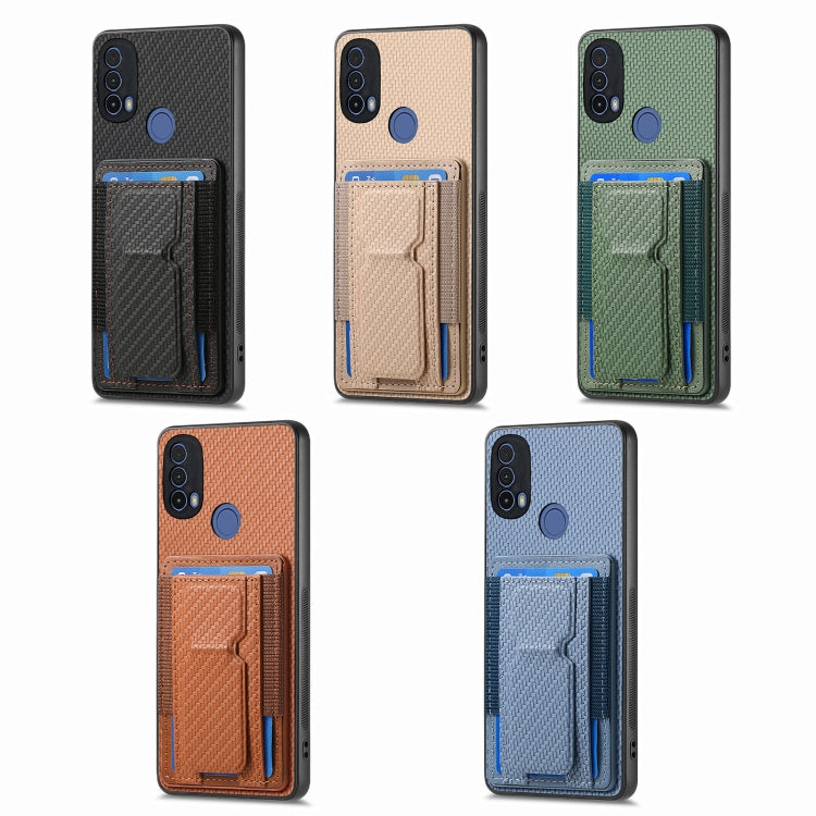 For Motorola Moto G 5G 2024 4G Carbon Fiber Fold Stand Elastic Card Bag Phone Case(Khaki) - Motorola Cases by buy2fix | Online Shopping UK | buy2fix