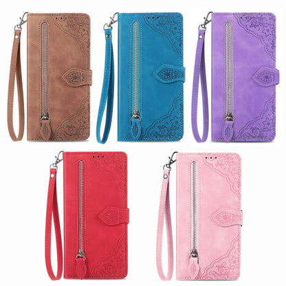 For Motorola Moto G Play 2024 Embossed Flower Zipper Leather Phone Case(Pink) - Motorola Cases by buy2fix | Online Shopping UK | buy2fix