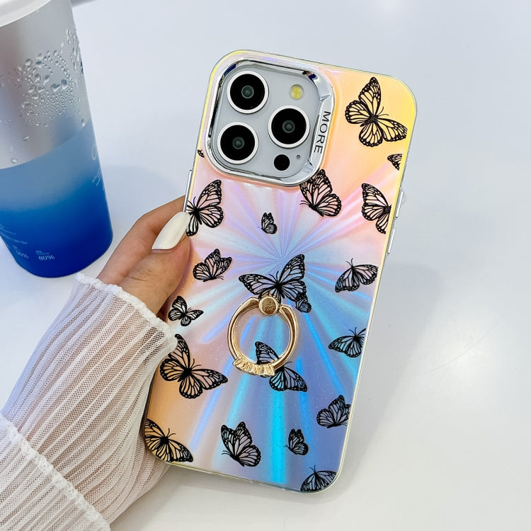 For iPhone 16 Electroplating Laser Butterfly Ring Holder Phone Case(Blue Butterflies AB4) - iPhone 16 Cases by buy2fix | Online Shopping UK | buy2fix